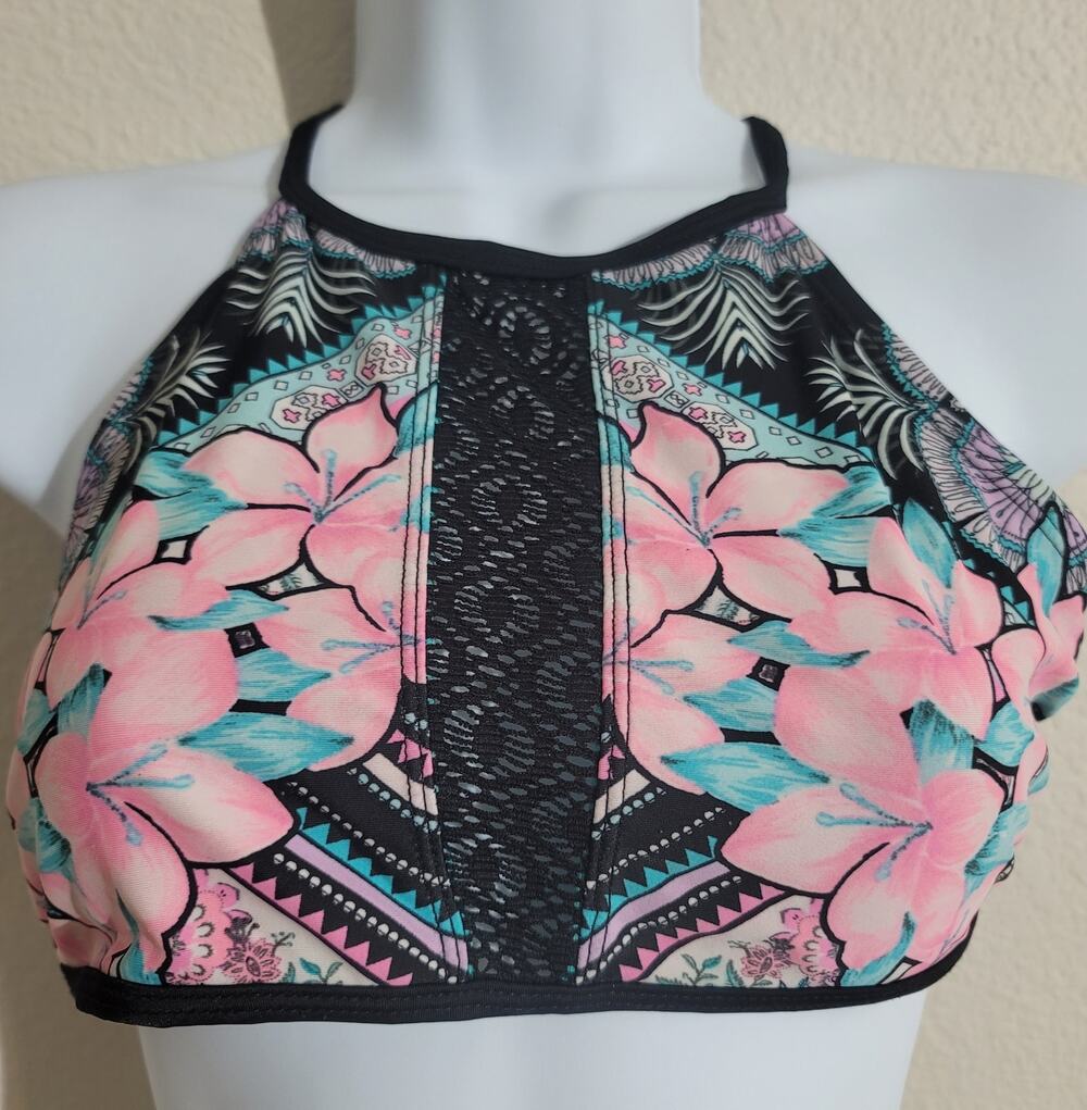 OP Black Pink Teal Floral Crochet Center Halter Crisscross Back Bikini Top Small